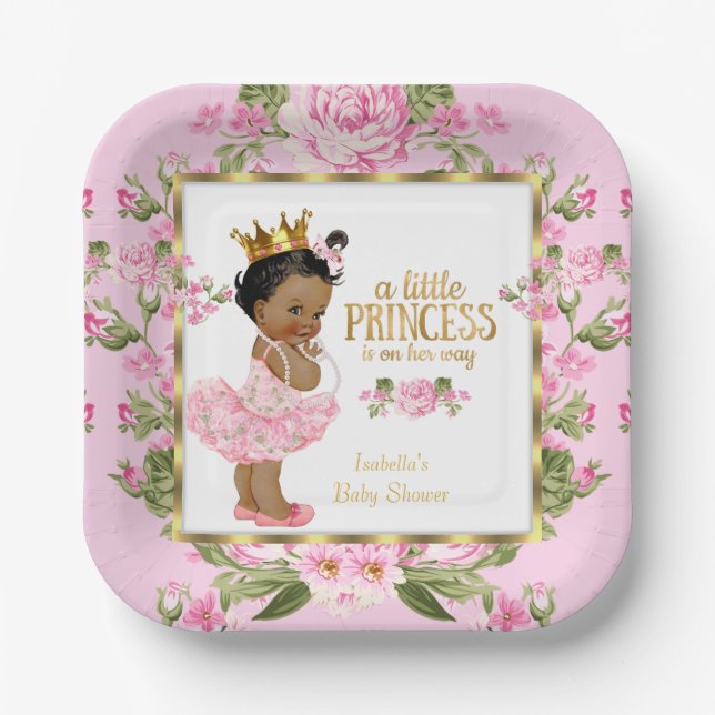 Ethnic Princess Baby Shower Pink Gold Rose Floral Paper Plates (Front)