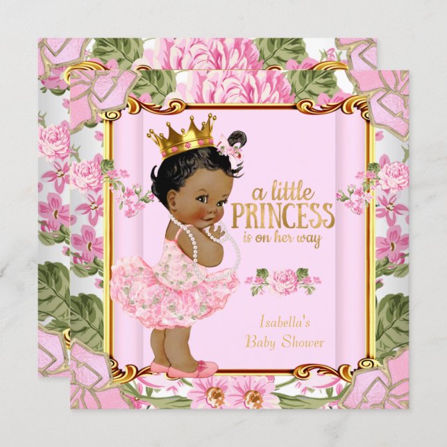 Ethnic Princess Baby Shower Pink Rose Floral Invitation (Front/Back)