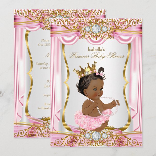 Ethnic Princess Baby Shower Pink Silk Gold Invitation (Front/Back)
