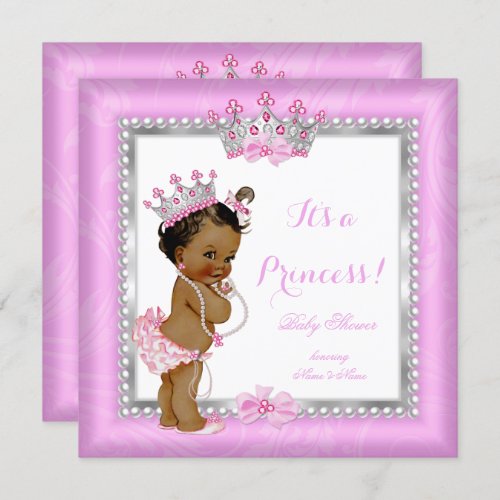 Ethnic Princess Baby Shower Pink Silver Pearl Invitation