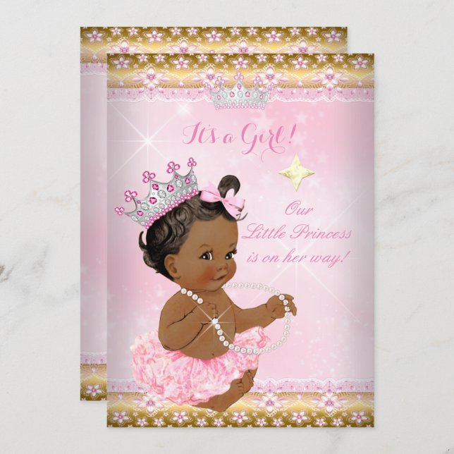 Ethnic Princess Baby Shower Pink Tutu Gold Tiara A Invitation (Front/Back)