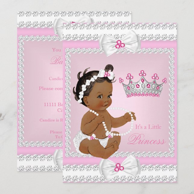 Ethnic Princess Baby Shower Pink White Pearls Bows Invitation (Front/Back)