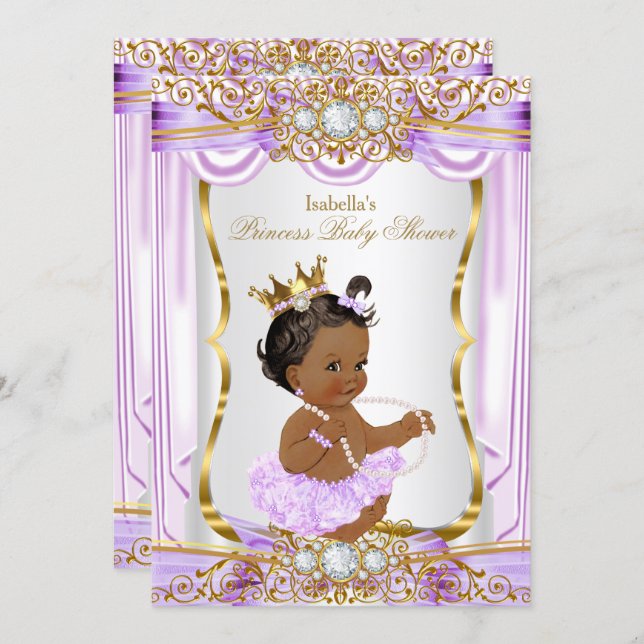 Ethnic Princess Baby Shower Purple Silk Gold Invitation (Front/Back)