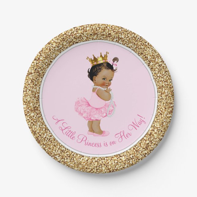 Ethnic Princess Ballerina Pink Gold Baby Shower Paper Plates (Front)