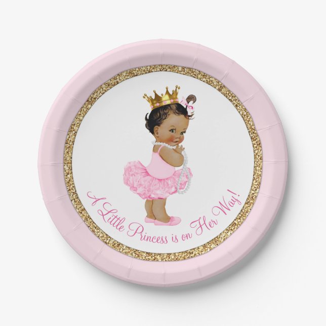 Ethnic Princess Ballerina Pink Gold Baby Shower Paper Plates (Front)