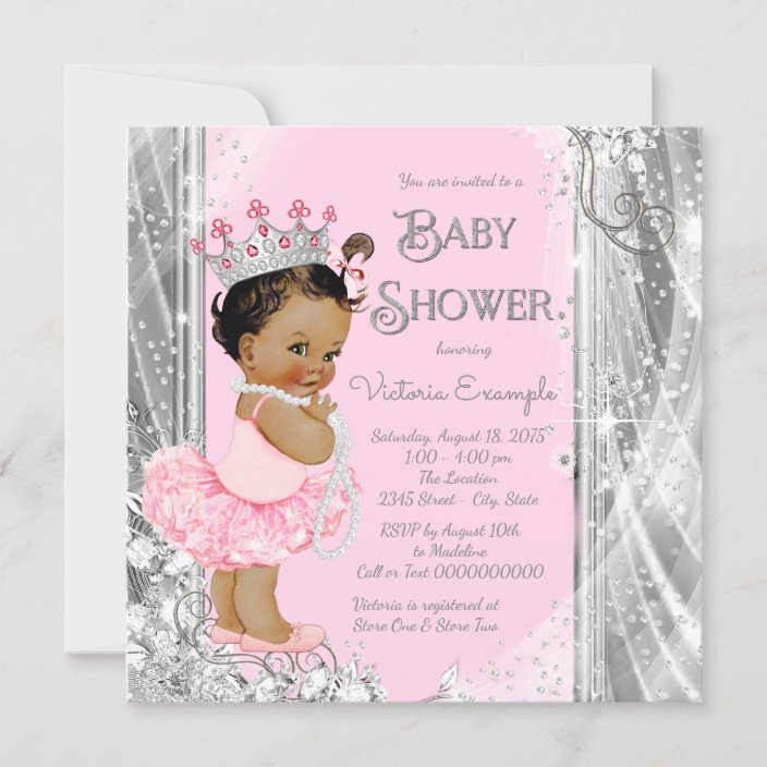 Princess Ruffle Pants Pink /& Silver Crown Tutu African American Baby Girl Puffs Bun Pearl Necklace Diamonds ethnic baby invitations