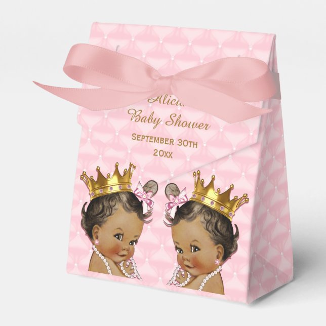 Ethnic Princess Twins Quilted Pink Baby Shower Favor Boxes (Front Side)