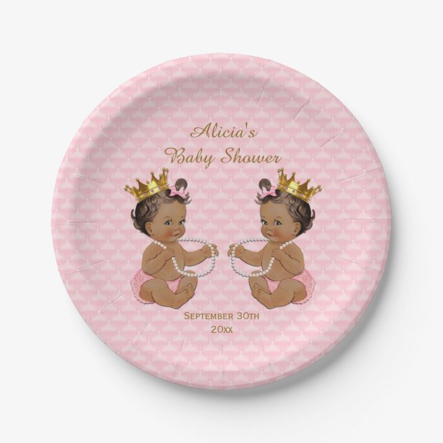 Ethnic Princess Twins Quilted Pink Baby Shower Paper Plates (Front)