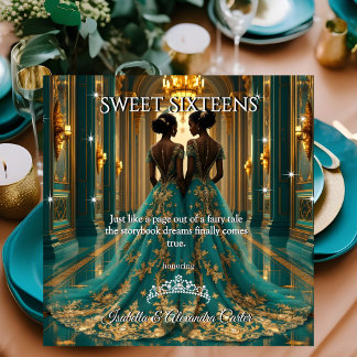Ethnic Princess Twins Sweet 16 Birthday Teal Invitation