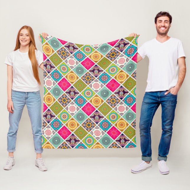 Ethnic print colorful mandala style pattern fleece blanket (In Situ)