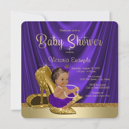 Ethnic Purple Ballerina Gold Shoe Baby Shower Invitation