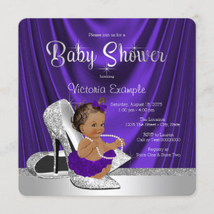 Ethnic Purple Ballerina Silver Shoe Baby Shower Invitation