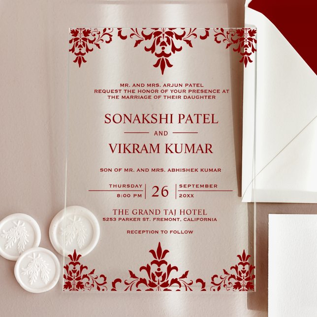 Ethnic Red Damask Indian Wedding Acrylic Invitations (Creator Uploaded)