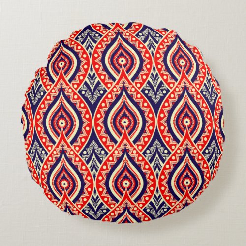 Ethnic red_gold color Indian flower style pattern Round Pillow