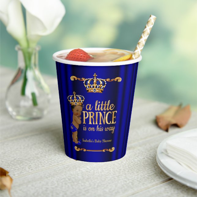 Ethnic Royal Blue Gold Prince Boy Baby Shower Paper Cups (Insitu)
