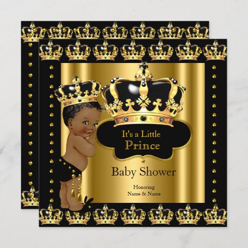 Ethnic Royal Prince Baby Shower Black Gold Crown Invitation