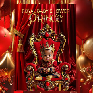 Ethnic Royal Prince Baby Shower Red Gold Chair Invitation