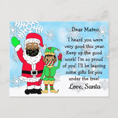 Ethnic Santa and Elf in Facemasks Letters to Kid Holiday Postcard