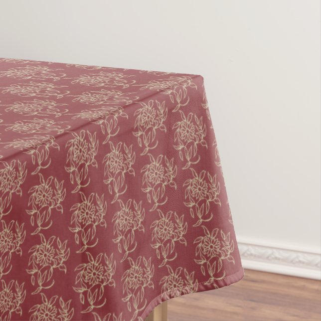 Ethnic Style Floral Mini-print Beige on Maroon Tablecloth (In Situ)