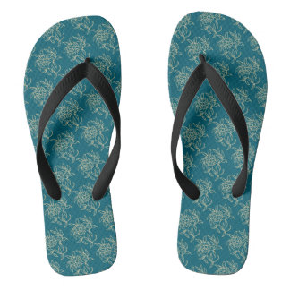 Ethnic Style Floral Mini-print Beige on Teal Flip Flops