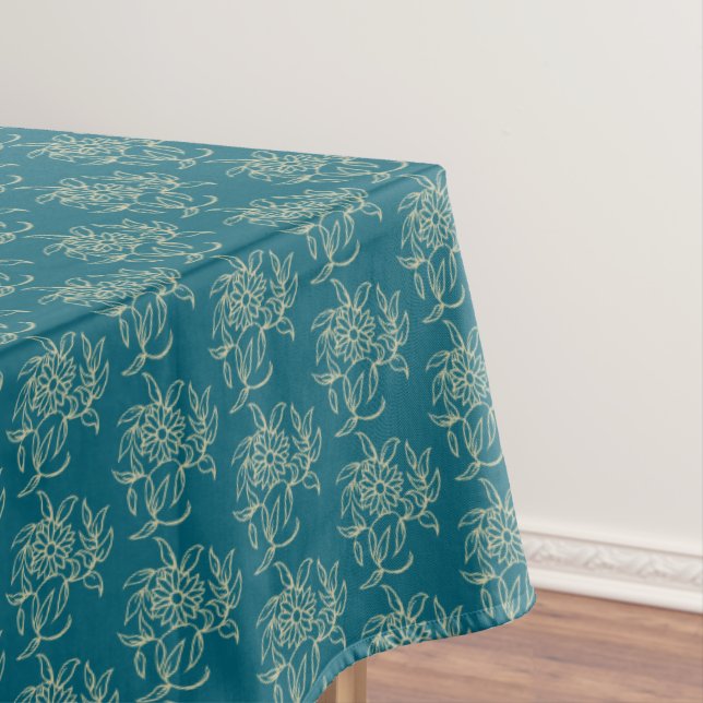 Ethnic Style Floral Mini-print Beige on Teal Tablecloth (In Situ)