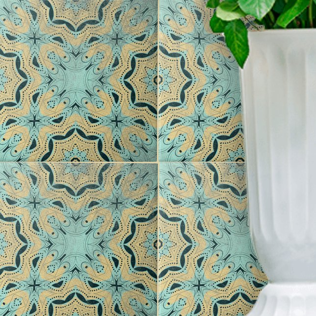 Ethnic Teal Brown Black Geometric Dotted Details Ceramic Tile (Creator Uploaded)