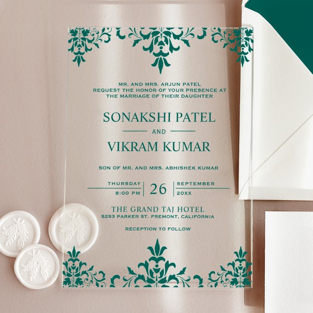 Ethnic Teal Damask Indian Wedding Acrylic Invitations (Creator Uploaded)