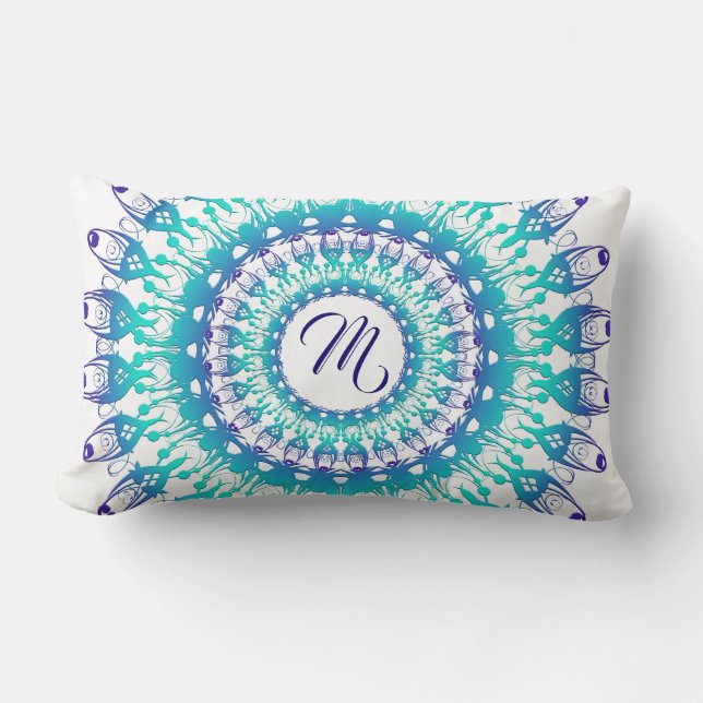 Ethnic teal mandala. monogram. lumbar pillow (Front)