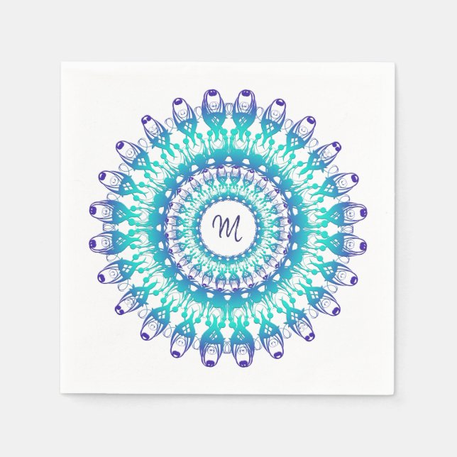 Ethnic teal mandala. monogram. paper napkins (Front)