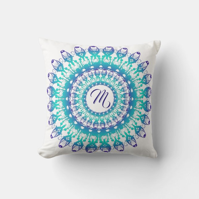 Ethnic teal mandala. monogram. throw pillow (Front)