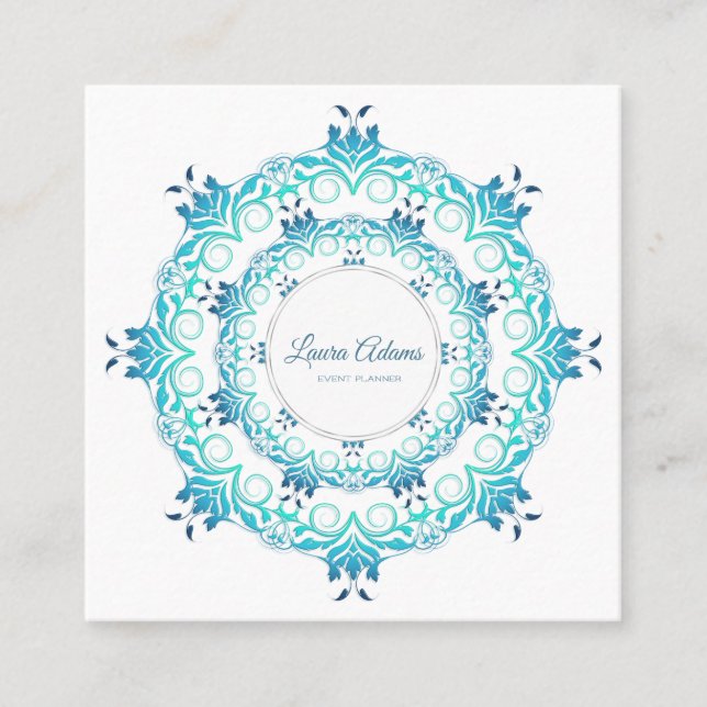 ethnic teal mandala. Text. Square Business Card (Front)