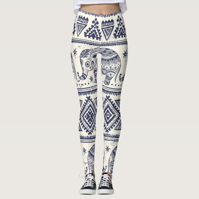 Ethnic Tribal Aztec Elephant Pattern Leggings (Front)