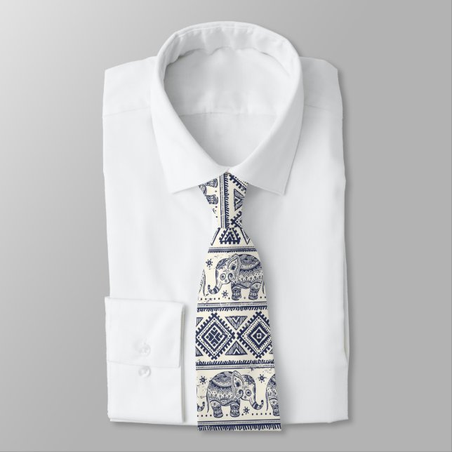Ethnic Tribal Aztec Elephant Pattern Neck Tie (Tied)