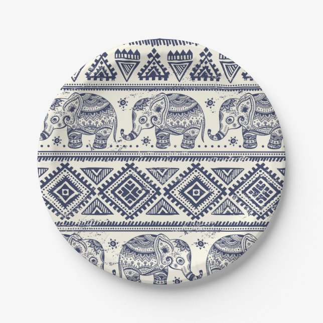 Ethnic Tribal Aztec Elephant Pattern Paper Plates (Front)