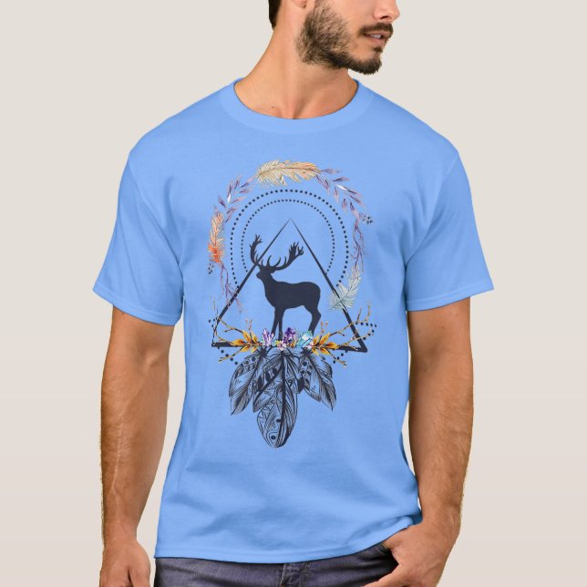 Ethnic Tribal Deer Head Boho Feather Native T-Shirt (Front)