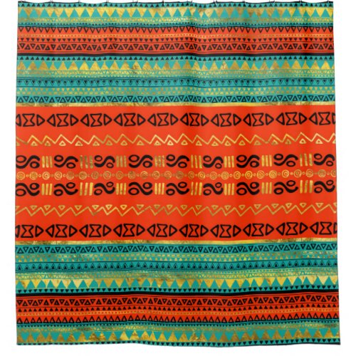 Ethnic Tribal Pattern Gold Orange and Teal Shower Curtain