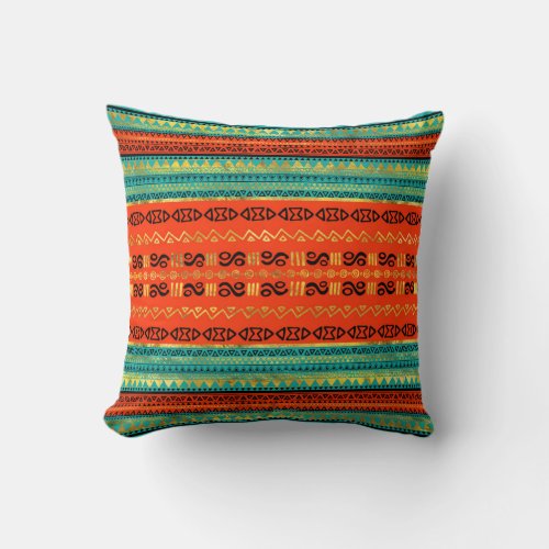 Ethnic Tribal Pattern Gold Orange and Teal Throw Pillow