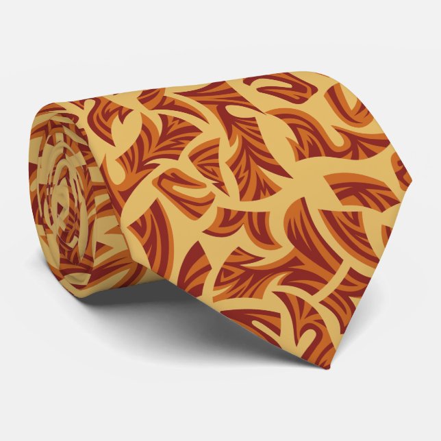 Ethnic Tribal Pattern Orange Brown Beige Neck Tie (Rolled)