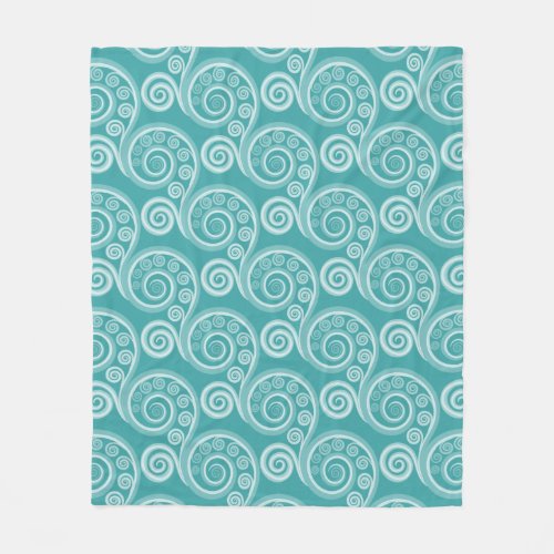 Ethnic Turquoise_Blue Stylized Swirly Fern Leaf  Fleece Blanket