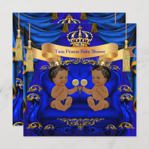 Ethnic Twin Baby Shower Boy Prince Blue Gold Invitation