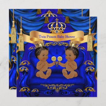 Ethnic Twin Baby Shower Boy Prince Blue Gold Invitation by VintageBabyShop at Zazzle