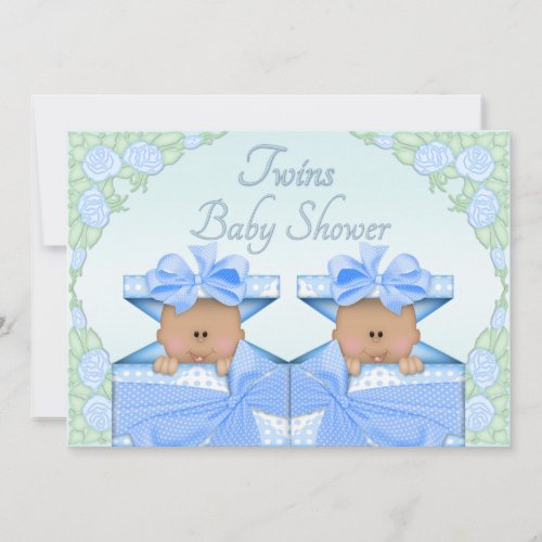 Ethnic Twin Boys in Gift Box Roses Baby Shower Invitation