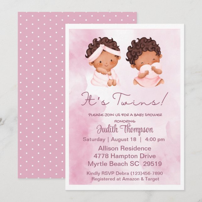 Ethnic Twin Girls Pink Baby Shower Invitation (Front/Back)