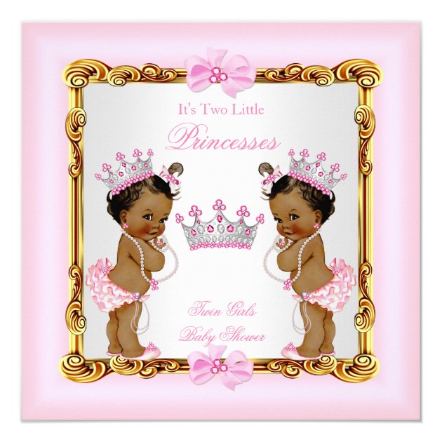 Ethnic Twin Girls Princess Baby Shower Gold Pink Invitation