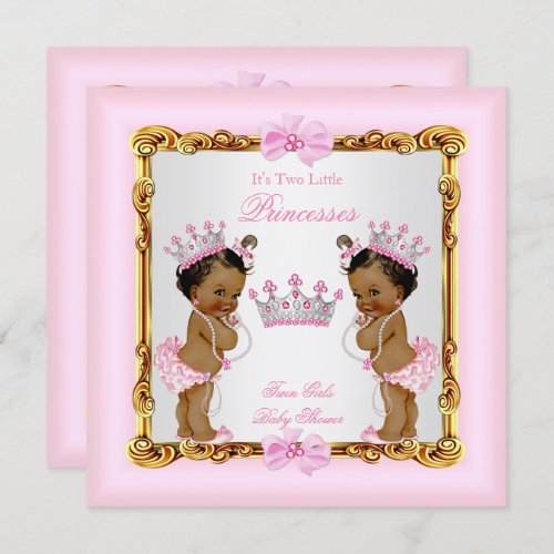 Ethnic Twin Girls Princess Baby Shower Gold Pink Invitation