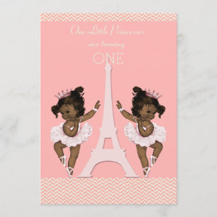 Ethnic Twins Ballerinas Eiffel Tower 1st Birthday Invitation