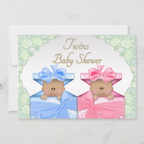 Ethnic Twins in Gift Box Roses Baby Shower Invitation