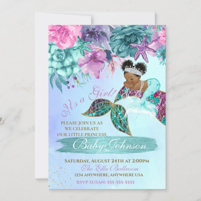 Ethnic vintage mermaid baby under the sea shower invitation (Front)