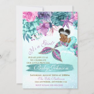 Ethnic purple and teal baby shower invitation with vintage mermaid under the sea theme