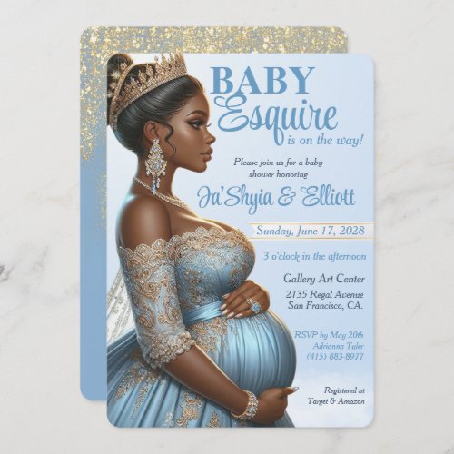 Ethnic Woman Elegant Blue  Gold Royal Baby Shower Invitation
